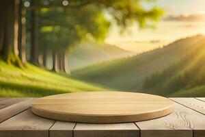 A rustic wood table in the middle of a nature background for product Display photo