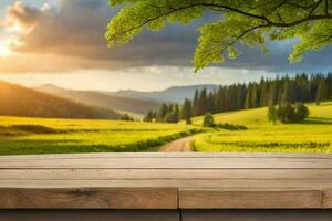 A rustic wood table in the middle of a nature background for product Display photo