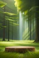 A rustic wood table in the middle of a nature background for product Display photo