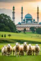 A Pack of sheeps in the middle of mosque grassfield photo