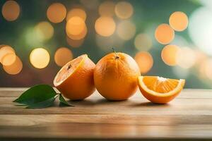 a pile of Oranges on the rustic wood table display photo