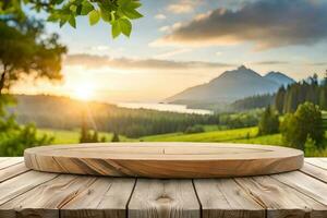 A rustic wood table in the middle of a nature background for product Display photo