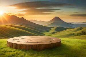 A rustic wood table in the middle of a nature background for product Display photo