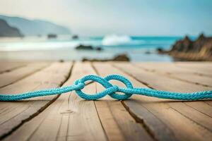 un cerca arriba fotografía de un par azul pulsera formando un infinito símbolo en un rústico madera con bokeh antecedentes foto