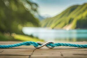 un cerca arriba fotografía de un par azul pulsera formando un infinito símbolo en un rústico madera con bokeh antecedentes foto