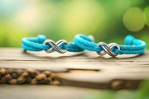 un cerca arriba fotografía de un par azul pulsera formando un infinito símbolo en un rústico madera con bokeh antecedentes foto