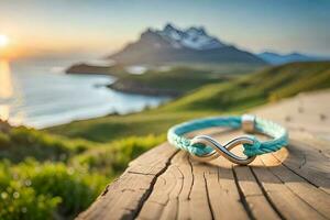 un cerca arriba fotografía de un par azul pulsera formando un infinito símbolo en un rústico madera con bokeh antecedentes foto