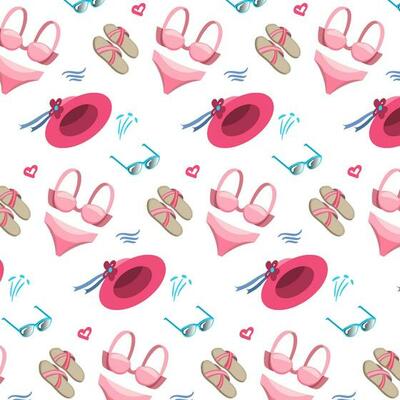Cute and colorful seamless pattern with swimwear hat sunglasses flip-flops on white background