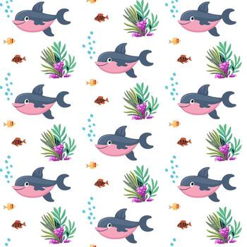 Seamless pattern with cute dolphin and algae on white background vector