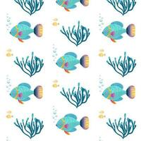 Seamless pattern with blue tropical fish and algae on white background vector