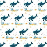 Seamless pattern with cute smiling blue whale and algae on white background vector