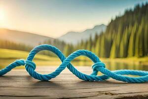 un cerca arriba fotografía de un par azul pulsera formando un infinito símbolo en un rústico madera con bokeh antecedentes foto