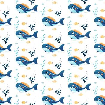 Seamless pattern with cute shark and algae on white background vector
