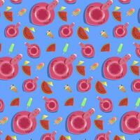 Colorful seamless pattern with flamingo swimming ring watermelon slices and ice cream vector
