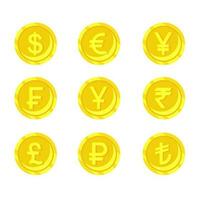 World currency symbols icons of coins Dollar, yen, rupee, euro, pound, franc, lira, yuan, ruble. vector illustration design