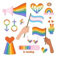 Set of LGBTQ community symbols with pride flags, gender signs, rainbow colored summer sunglasses, megaphone and loading bar. Pride month hand drawn elements concept. Gay parade symbols. Flat vector. vector