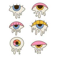Melting Eyes set. Surreal psychedelic dripping eyes collection. Contour hand drawn vector illustration. 70s retro elements collection.