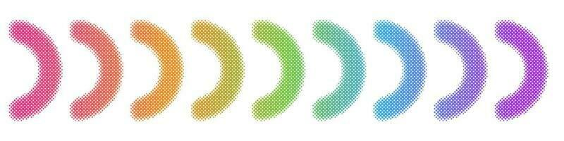 Abstract Colorful Semicircular Arrows. Dots, Dotted, Sparkle, Pixels, Square, Circle, Circular halftone shape Rainbow Pride month Symbol. Vector Design Elements
