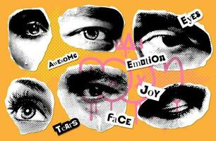 A pack of eyes cut from a magazine paper scraps. Isolated piercing gaze. Vector halftone elements for collage with different emotions. y2k stickers with doodles.