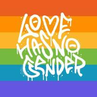 grunge urbano pintada estilo lgbt citar - amor tiene No género. resumen arco iris bandera degradado antecedentes. vector multi de colores bandera con calle Arte tipografía para impresión en textiles, camisetas, web sitio.