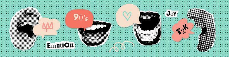 Pop Art style comic lips calling and yelling out loud with speech bubble. Halftone collage stickers set with call to action concept. Offset textured vector illustration