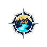 Adventure Logo with Mountain and Compass Design Vector Illustration Template