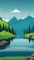 montaña lago con bosque vector ilustración