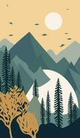 mountain lake vector illustration. Background with trees, water and rocky hill.