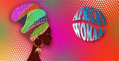 Banner of beautiful African woman  in traditional turban tribal motifs, Kente head wrap, African Traditional black women vector silhouette isolated on colorful Halftone African Print fabric background