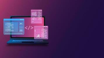 Computer Programing, Coding, Web Development with Isometric Laptop Displaying Futuristic UI vector