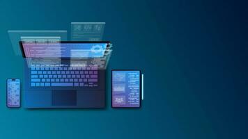 web desarrollo software programación para ordenador portátil teléfono inteligente y tableta demostración futurista codificación ui vector