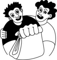 vector logo de dos joven hombres participación papel bolso con comida sonriente copyspace incluido arte lineal estilo