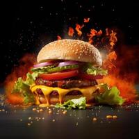 Fastfood burger with yellow cheese, Bacon burger with beef, Juicy hamburger on black background, photo