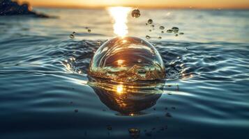 blue water splashing on a transparent ball in a dark background, beach water with waves, photo