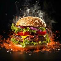 Tasty burger with smoke, Bacon burger with beef, Juicy hamburger on black background photo