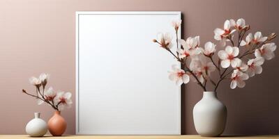 White frame mockup with flowers. Front viw of the empty white frame, photo