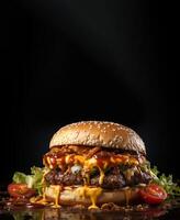 an amazing delicious cheese burger in black backgound, photo