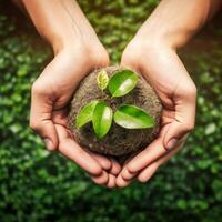 environment Earth Day two hands holding together a green earth. Environmental and reduce global warming help earth, top view. ecology and environment sustainable concept, photo