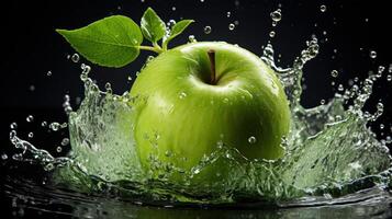 Water splashing on Fresh green apple on black background, photo