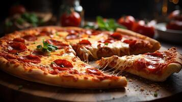 Delicious fresh pizza served on wooden table, photo