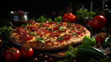 Fresh spicy pizza on light blue background, photo