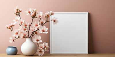Mock up poster frame in pastel pink kitchen interior, 3d render, photo