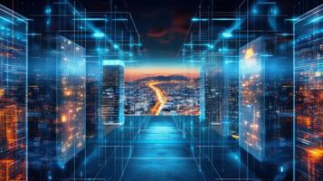 Super computer server racks in datacenter. 3d illustration, photo