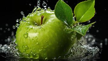 Green apple with leaf and water splash on black background, photo