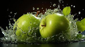 tasty green apple with leaf isolated on black background, photo