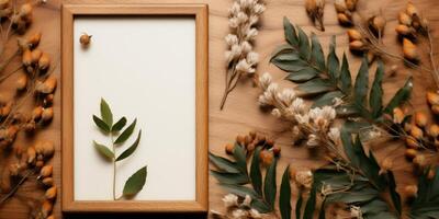 Golden frame mockup with green leaves on wooden background, Generative AI photo