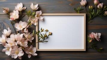 Black frame mockup with flowers on wooden background, photo