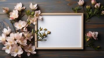 Black frame mockup with flowers on wooden background, Generative AI photo