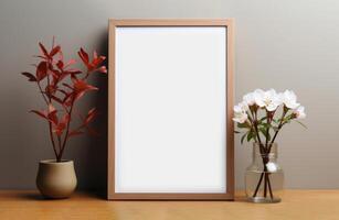 white portrait A4 frame mock up with flowers. Mockup for quote, promotion, headline, design, photo