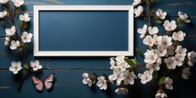 Modern white landscape frame mock up with flowers. Mockup for quote, promotion, headline, design. Template for small businesses, photo